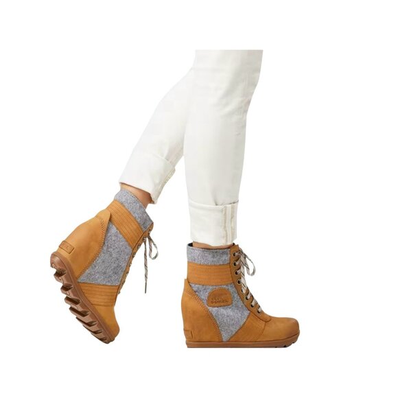 Sorel Lexie Wedge Womens 9.5 Felt Leather Ankle Boots Waterproof Lace-Up  NL 337 - Picture 2 of 14
